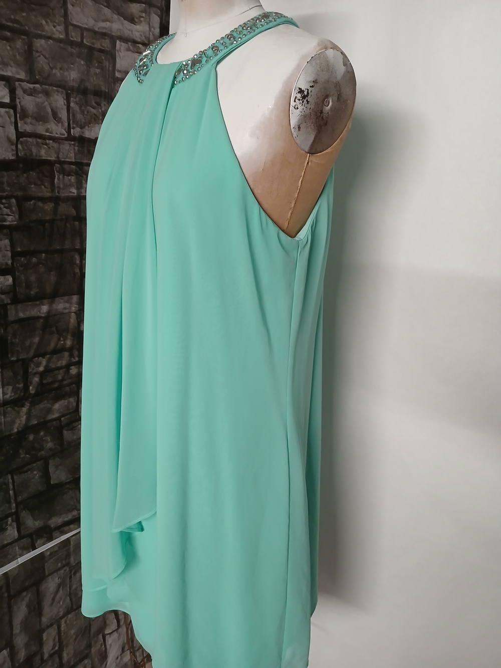 Beaded Halter Midi in Aqua Green Women's Evening Dress. - Picture 8 of 12
